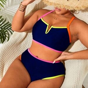 Navy High-Waist Bikini with Neon Trim